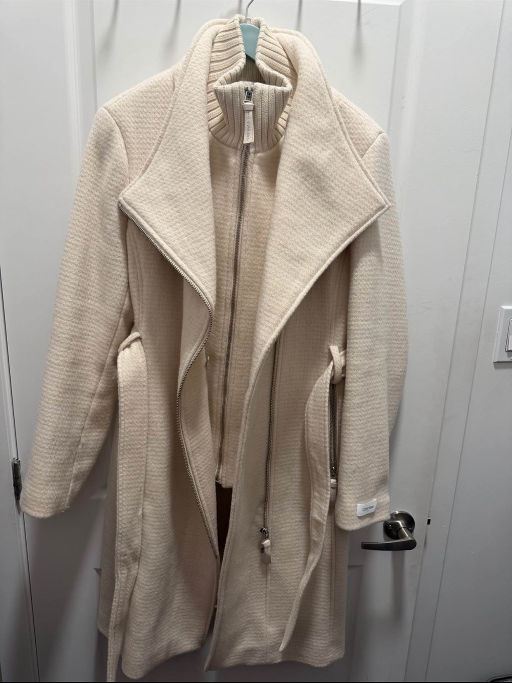 Calvin Klein Cream Long Wool-Blend Trench Coat with Zip-In Layer